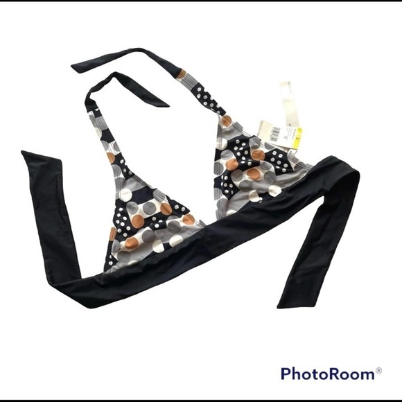 Cute bikini top Perry Ellis triangle Halter Black gray size Medium Polka Dot nwt - Picture 1 of 9